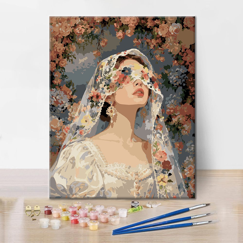 Novia bajo un velo floral – Pintura por números