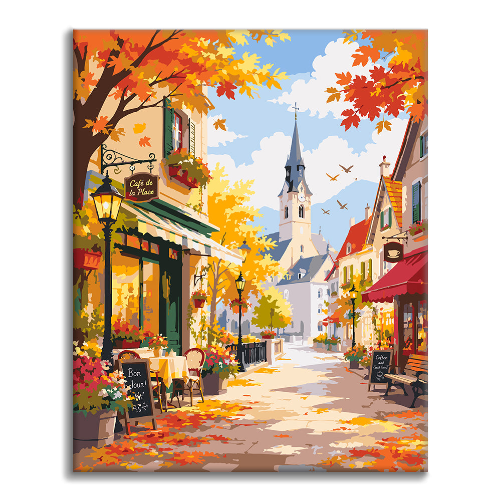 Sunny Autumn Café Street – Pintura por números