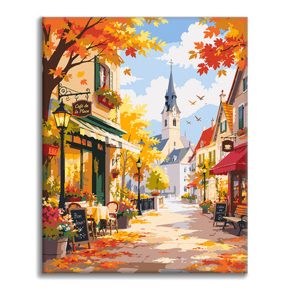 Sunny Autumn Café Street – Pintura por números