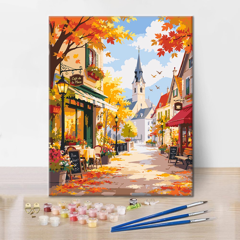 Sunny Autumn Café Street – Pintura por números