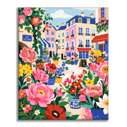 Calle parisina llena de flores – Pintura por números