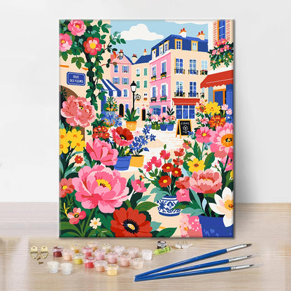 Calle parisina llena de flores – Pintura por números
