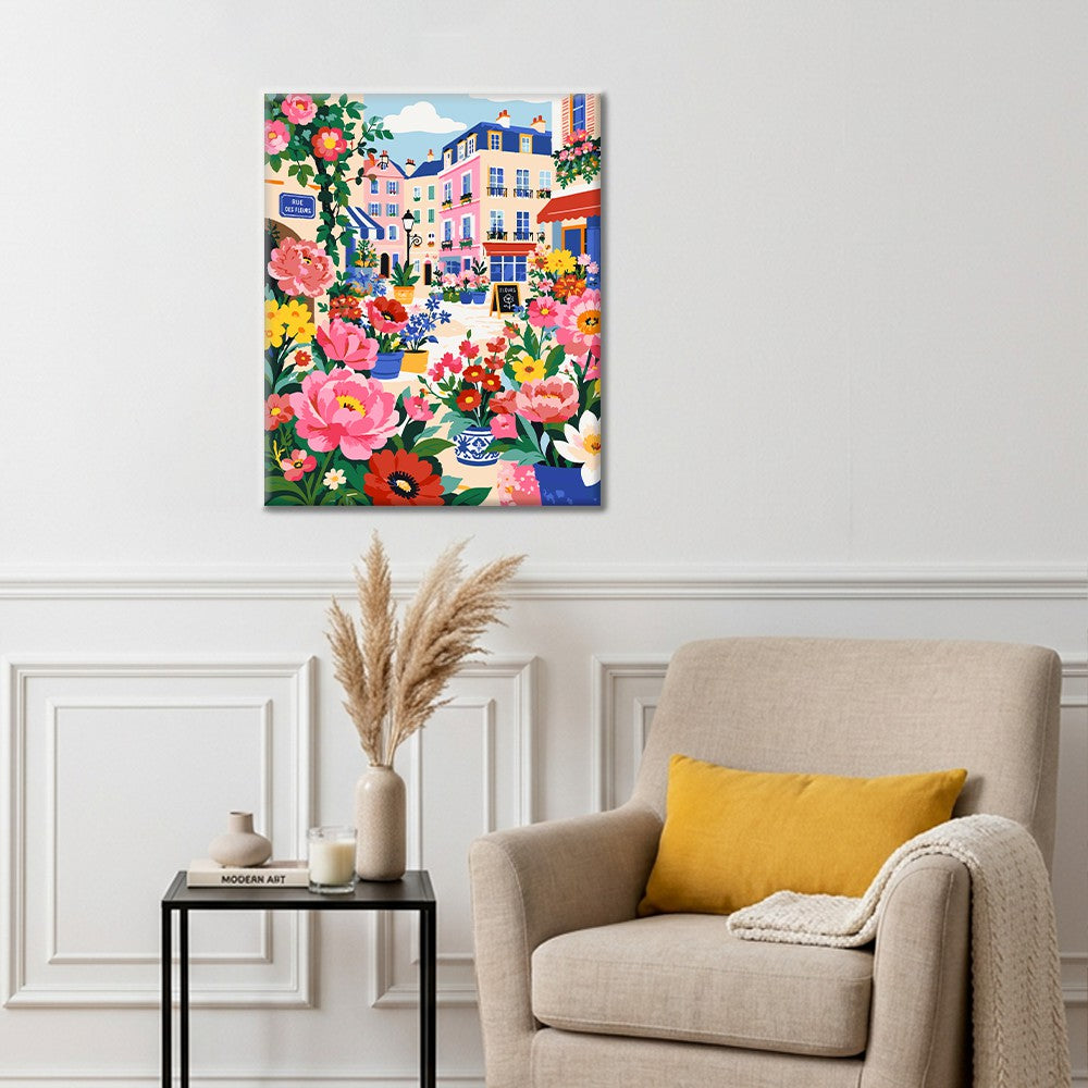 Calle parisina llena de flores – Pintura por números