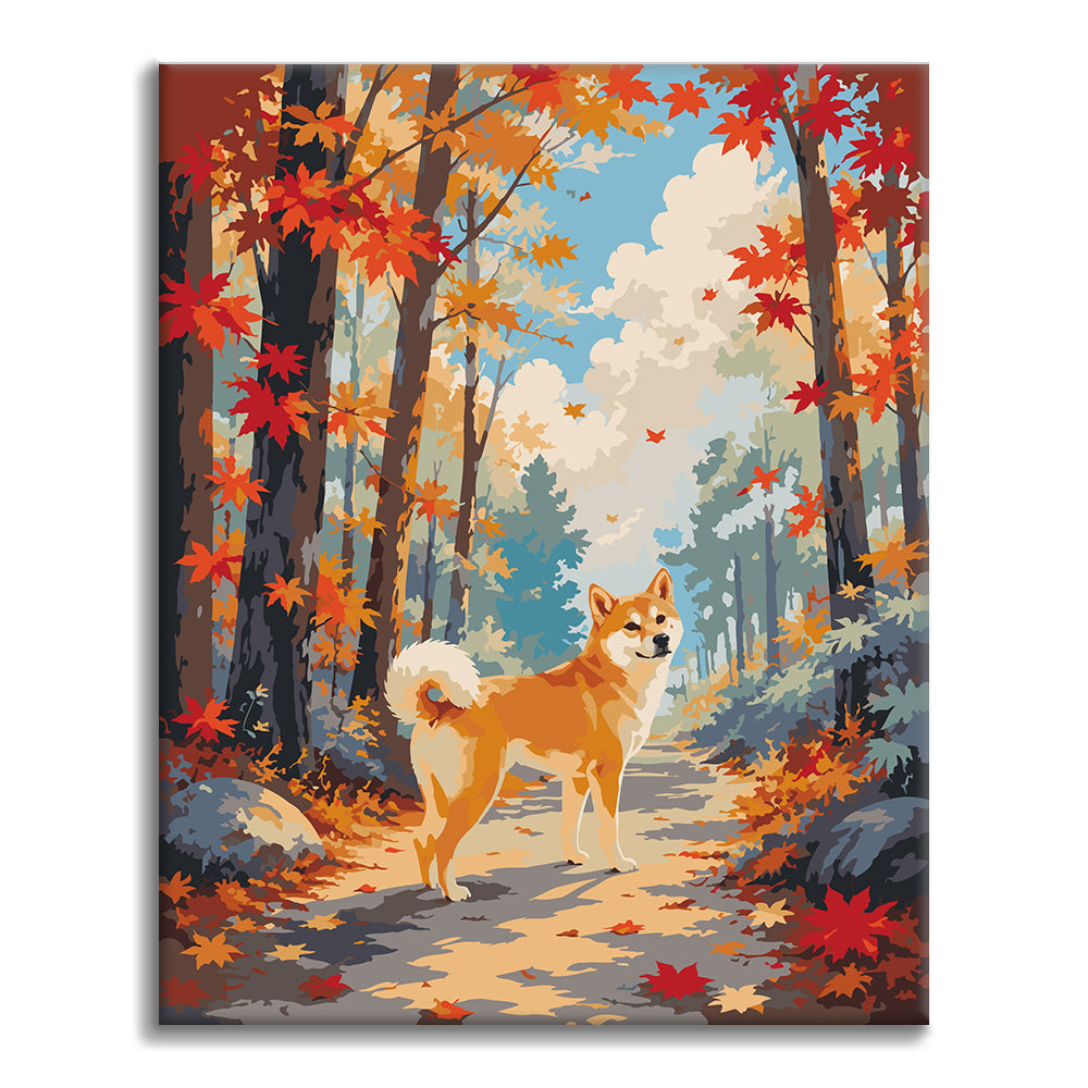 Shiba Inu en un bosque de otoño – Pintura por números