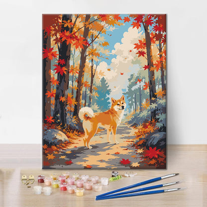 Shiba Inu en un bosque de otoño – Pintura por números