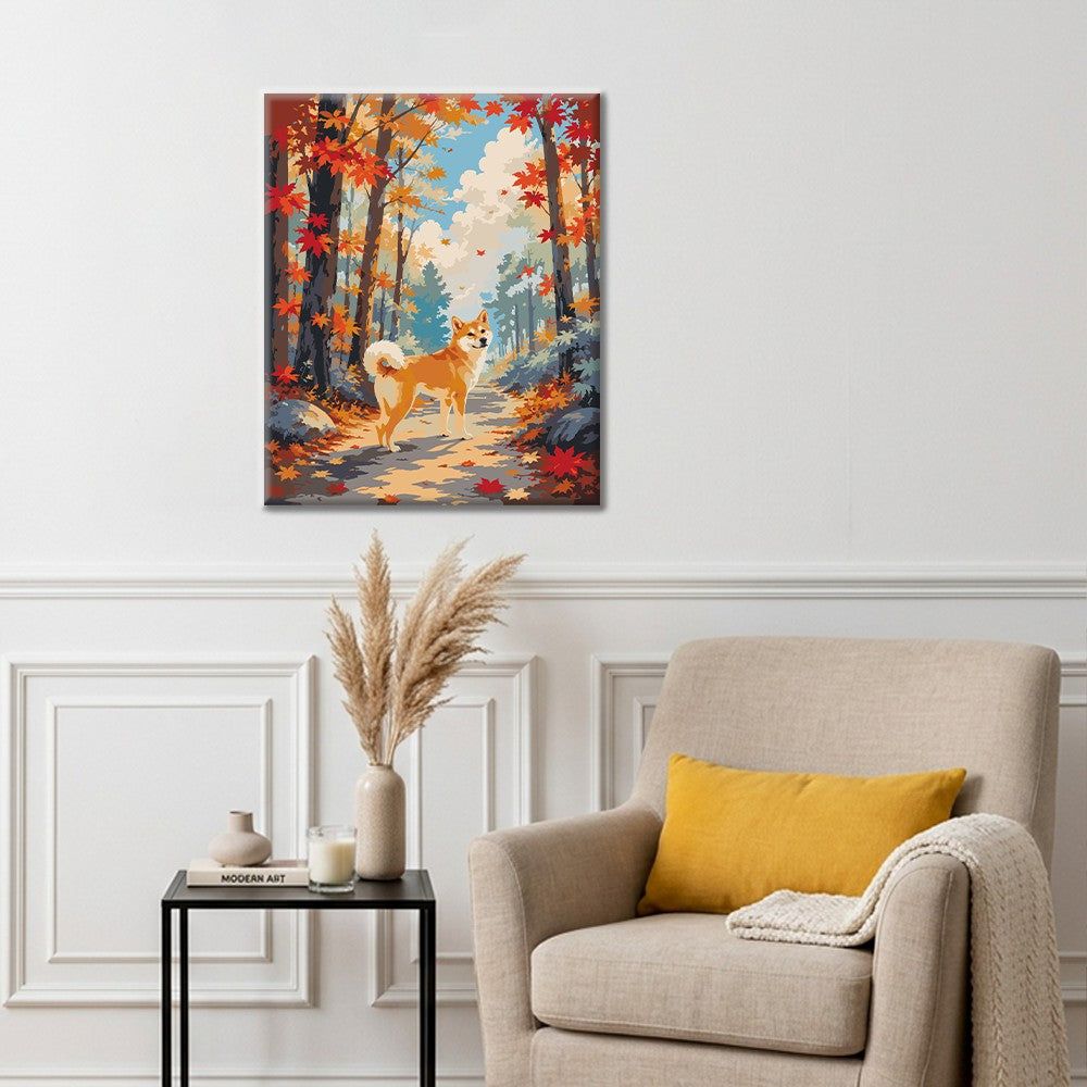 Shiba Inu en un bosque de otoño – Pintura por números