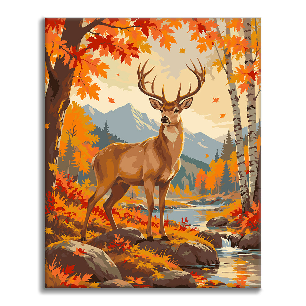 Stag al lado de un arroyo de otoño – Pintura por números