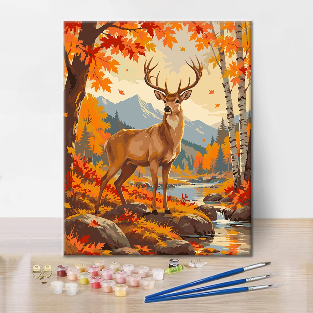 Stag al lado de un arroyo de otoño – Pintura por números