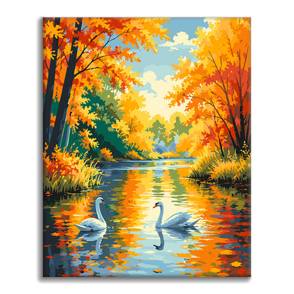 Cisnes en un río de otoño – Pintura por números