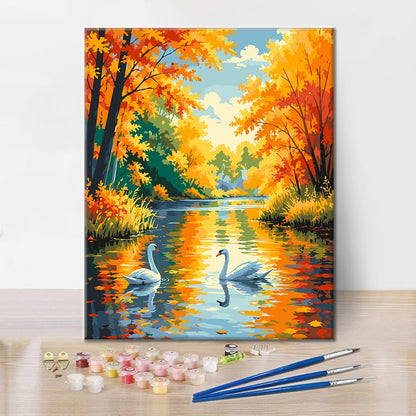 Cisnes en un río de otoño – Pintura por números