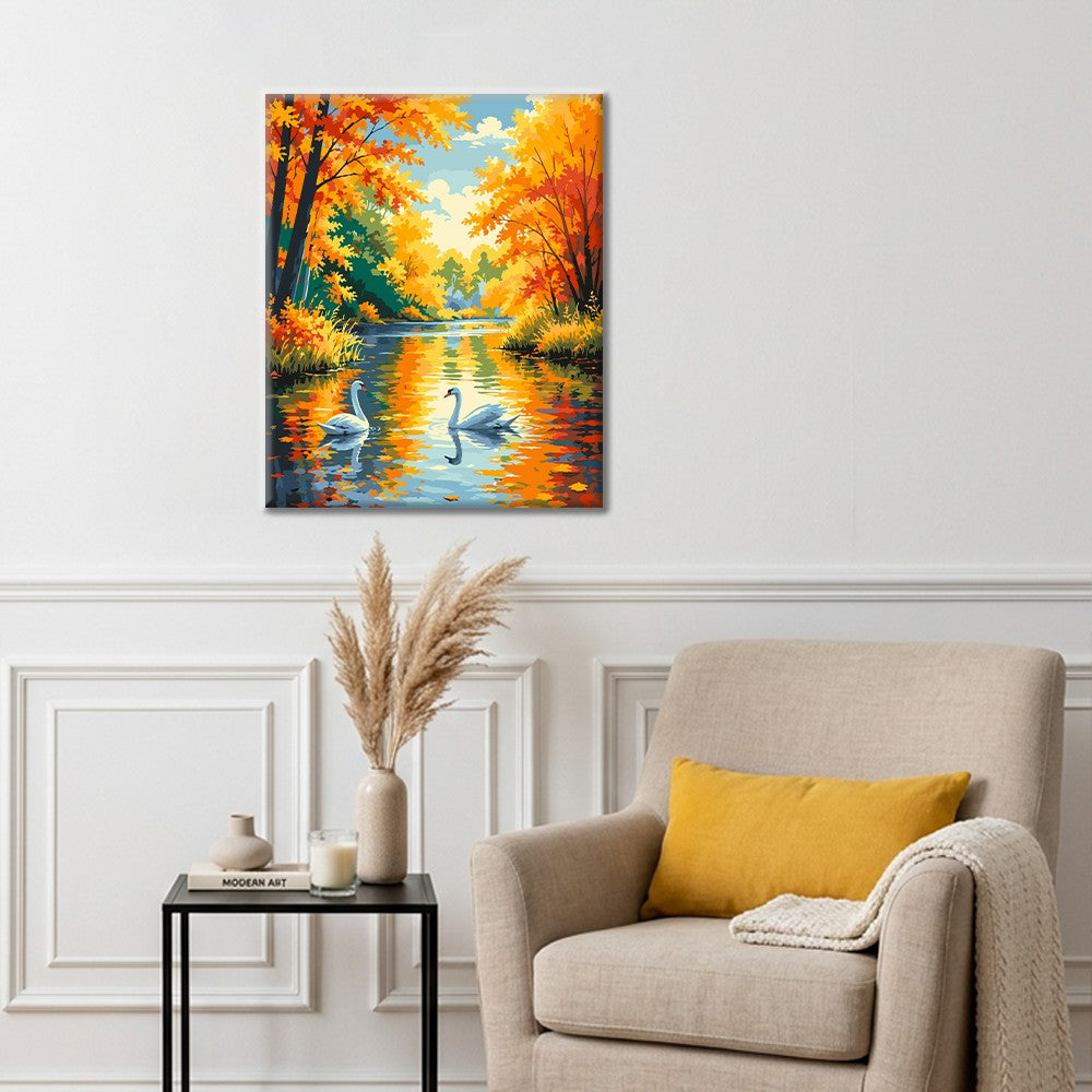 Cisnes en un río de otoño – Pintura por números
