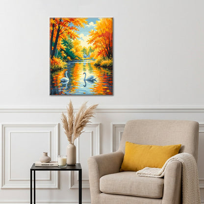 Cisnes en un río de otoño – Pintura por números