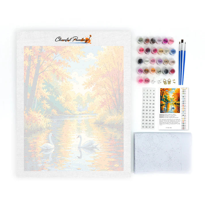 Cisnes en un río de otoño – Pintura por números