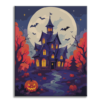 Casa embrujada bajo la luna llena – Pintura por números
