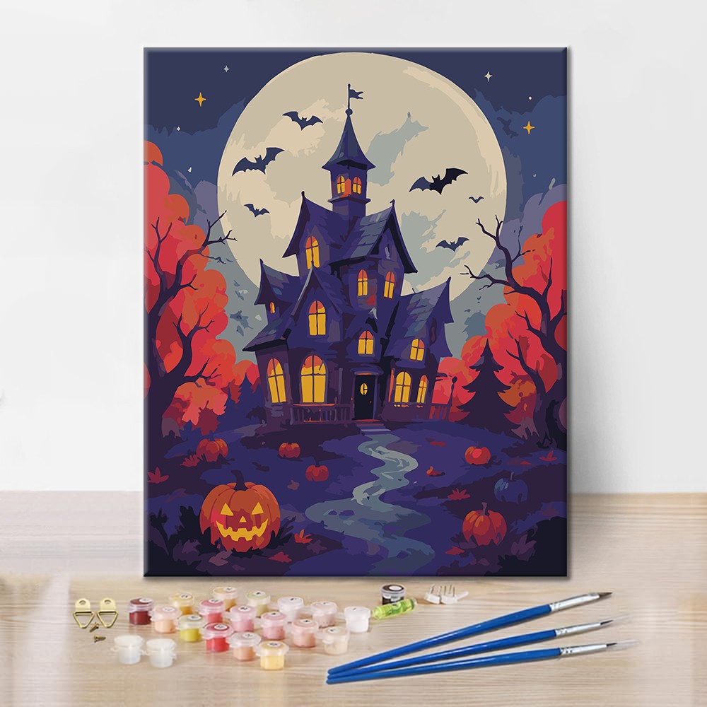 Casa embrujada bajo la luna llena – Pintura por números