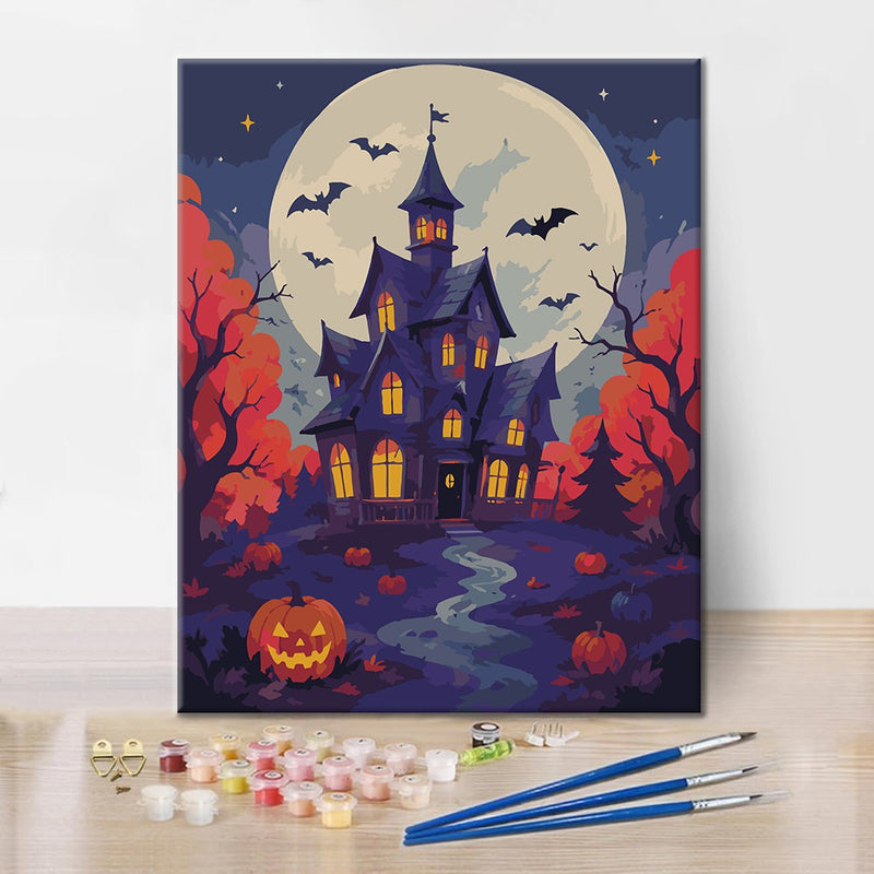 Casa embrujada bajo la luna llena – Pintura por números