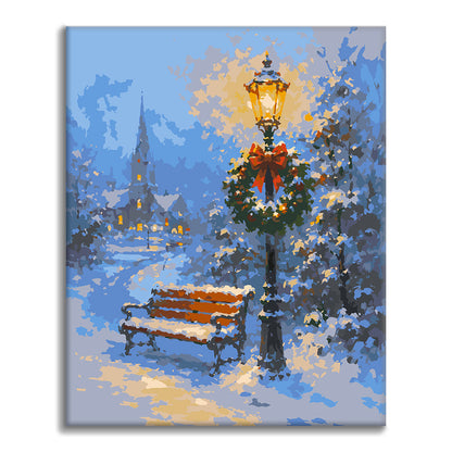 Banco nevado y lámpara festiva – Pintura por números