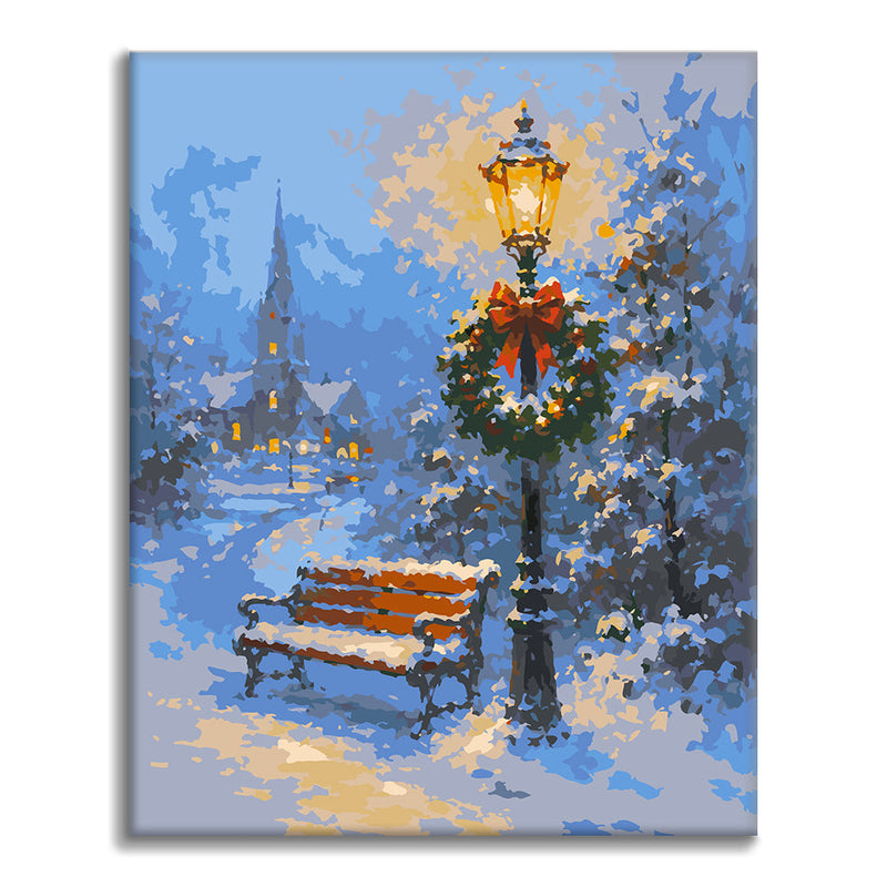 Banco nevado y lámpara festiva – Pintura por números