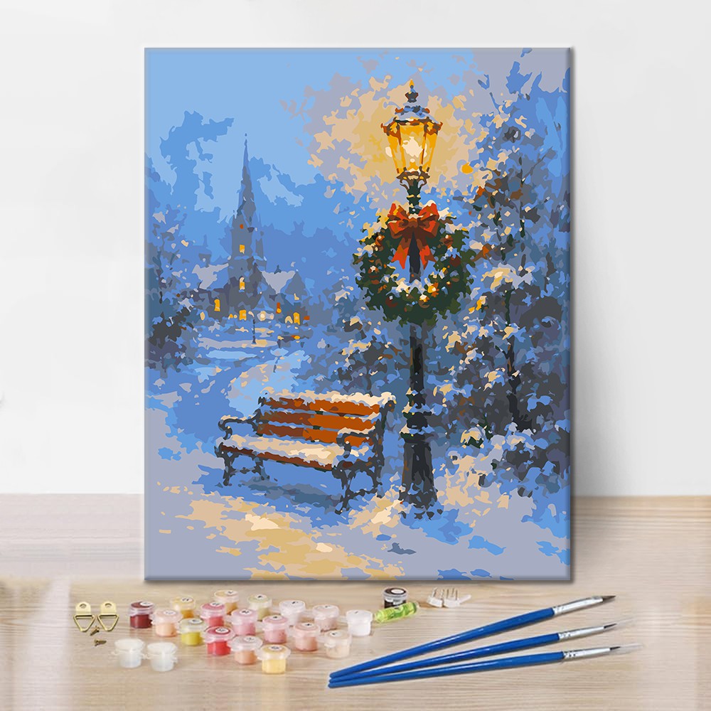 Banco nevado y lámpara festiva – Pintura por números