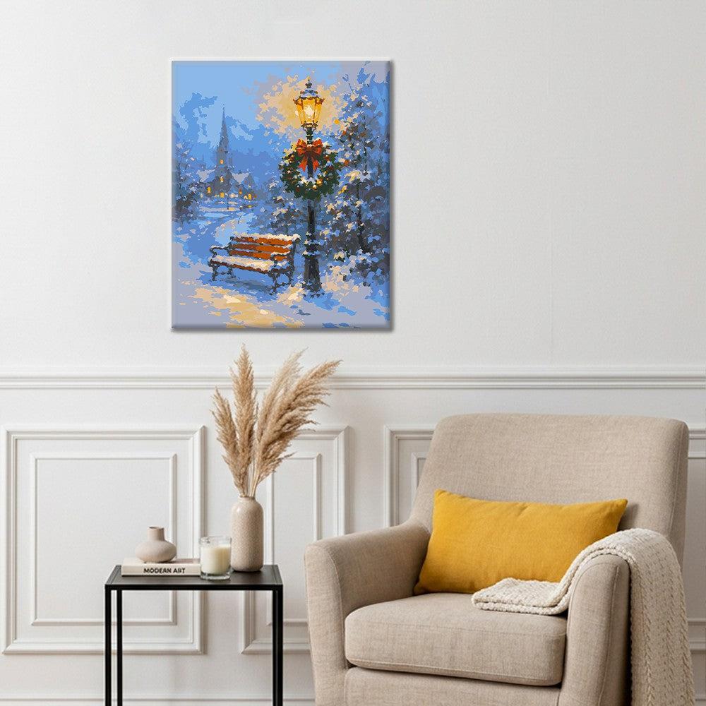 Banco nevado y lámpara festiva – Pintura por números