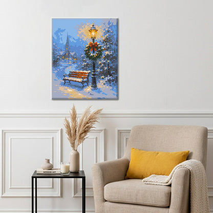 Banco nevado y lámpara festiva – Pintura por números