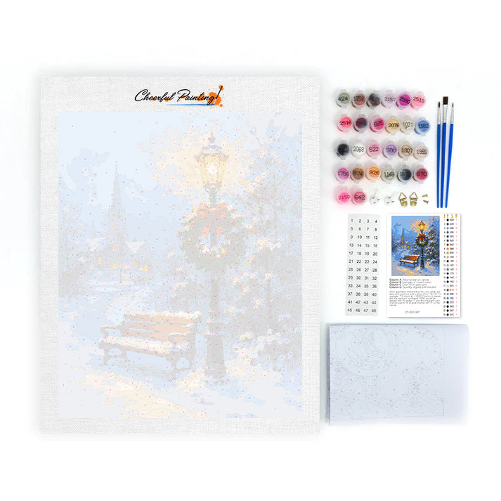 Banco nevado y lámpara festiva – Pintura por números