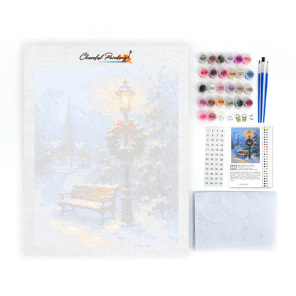 Banco nevado y lámpara festiva – Pintura por números