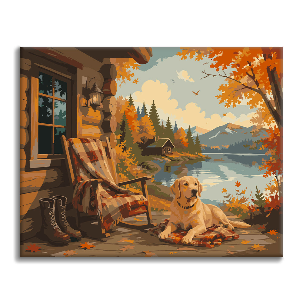 Labrador en una cabaña de otoño junto al lago – Pintura por números