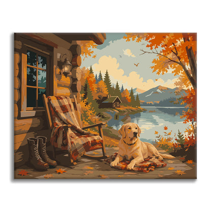 Labrador en una cabaña de otoño junto al lago – Pintura por números
