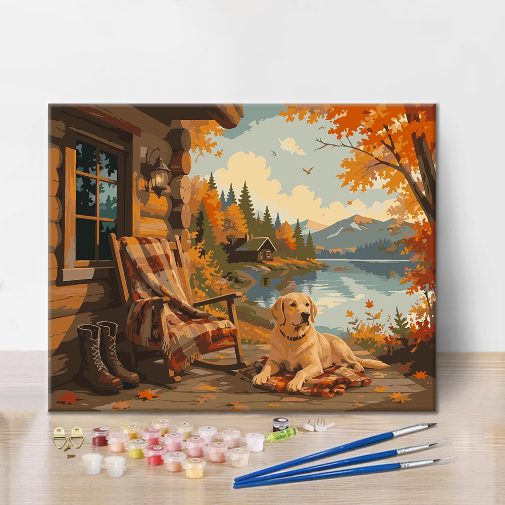Labrador en una cabaña de otoño junto al lago – Pintura por números