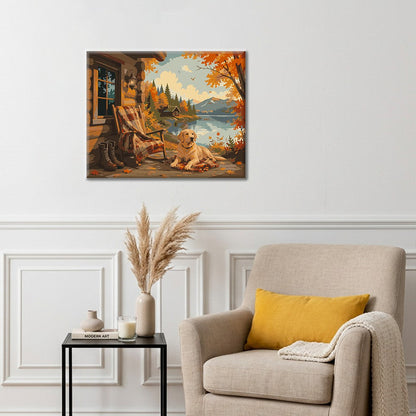 Labrador en una cabaña de otoño junto al lago – Pintura por números