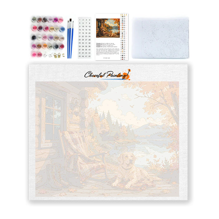 Labrador en una cabaña de otoño junto al lago – Pintura por números