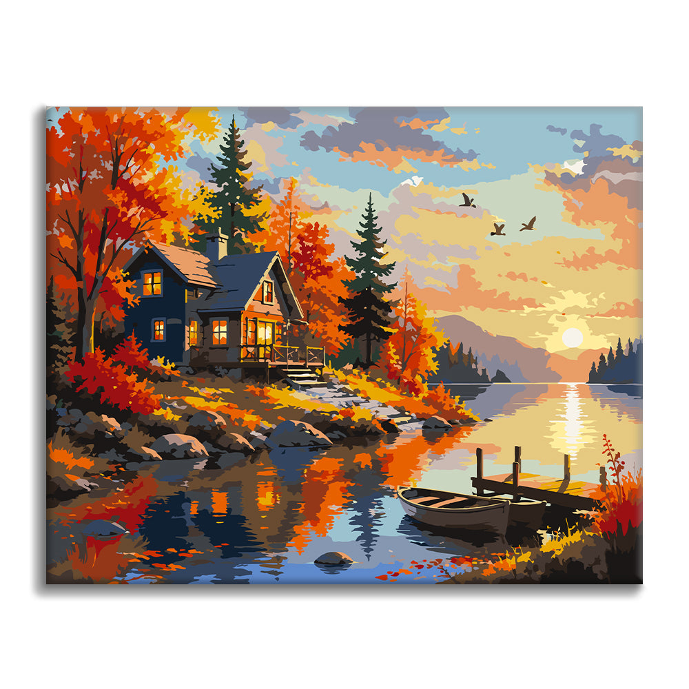 Cabaña de otoño al atardecer – Pintura por números