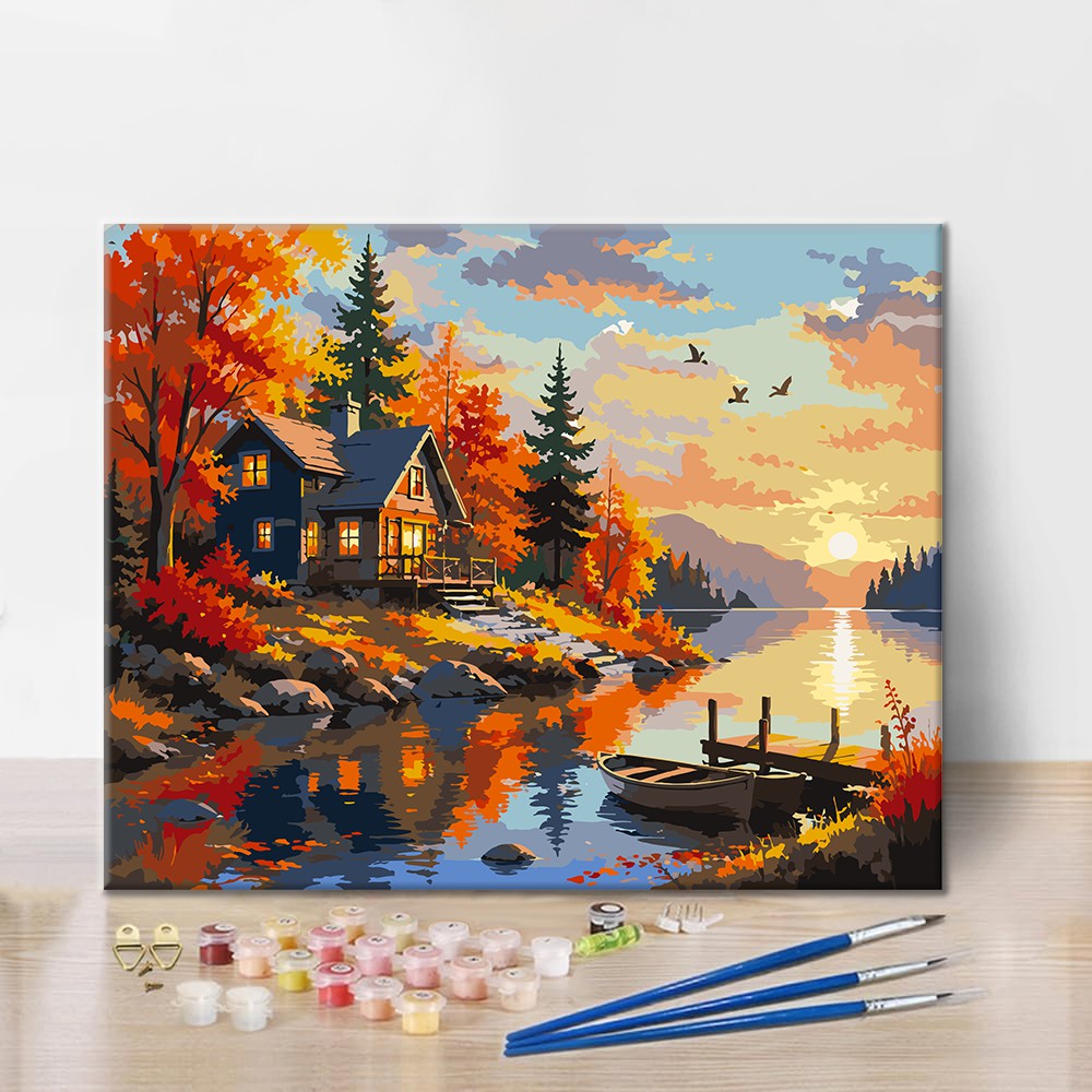 Cabaña de otoño al atardecer – Pintura por números