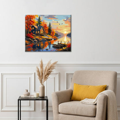 Cabaña de otoño al atardecer – Pintura por números