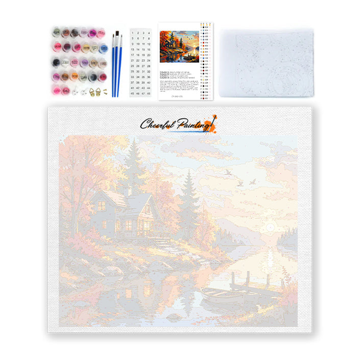 Cabaña de otoño al atardecer – Pintura por números