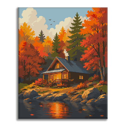 Cabaña en el bosque junto al agua – Pintura por números