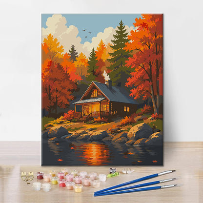 Cabaña en el bosque junto al agua – Pintura por números