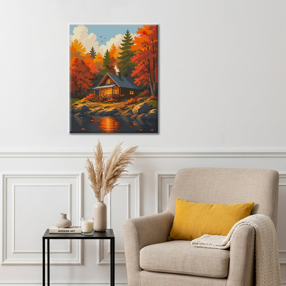 Cabaña en el bosque junto al agua – Pintura por números