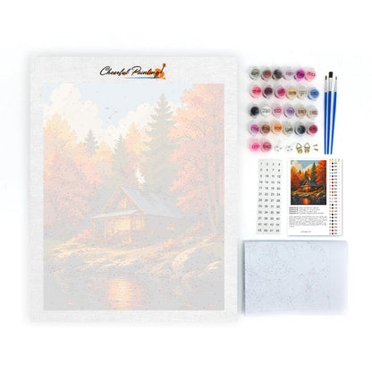 Cabaña en el bosque junto al agua – Pintura por números