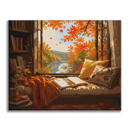Rincón de lectura de ventanas de otoño – Pintura por números