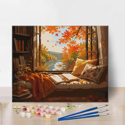 Rincón de lectura de ventanas de otoño – Pintura por números