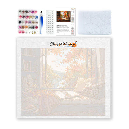 Rincón de lectura de ventanas de otoño – Pintura por números