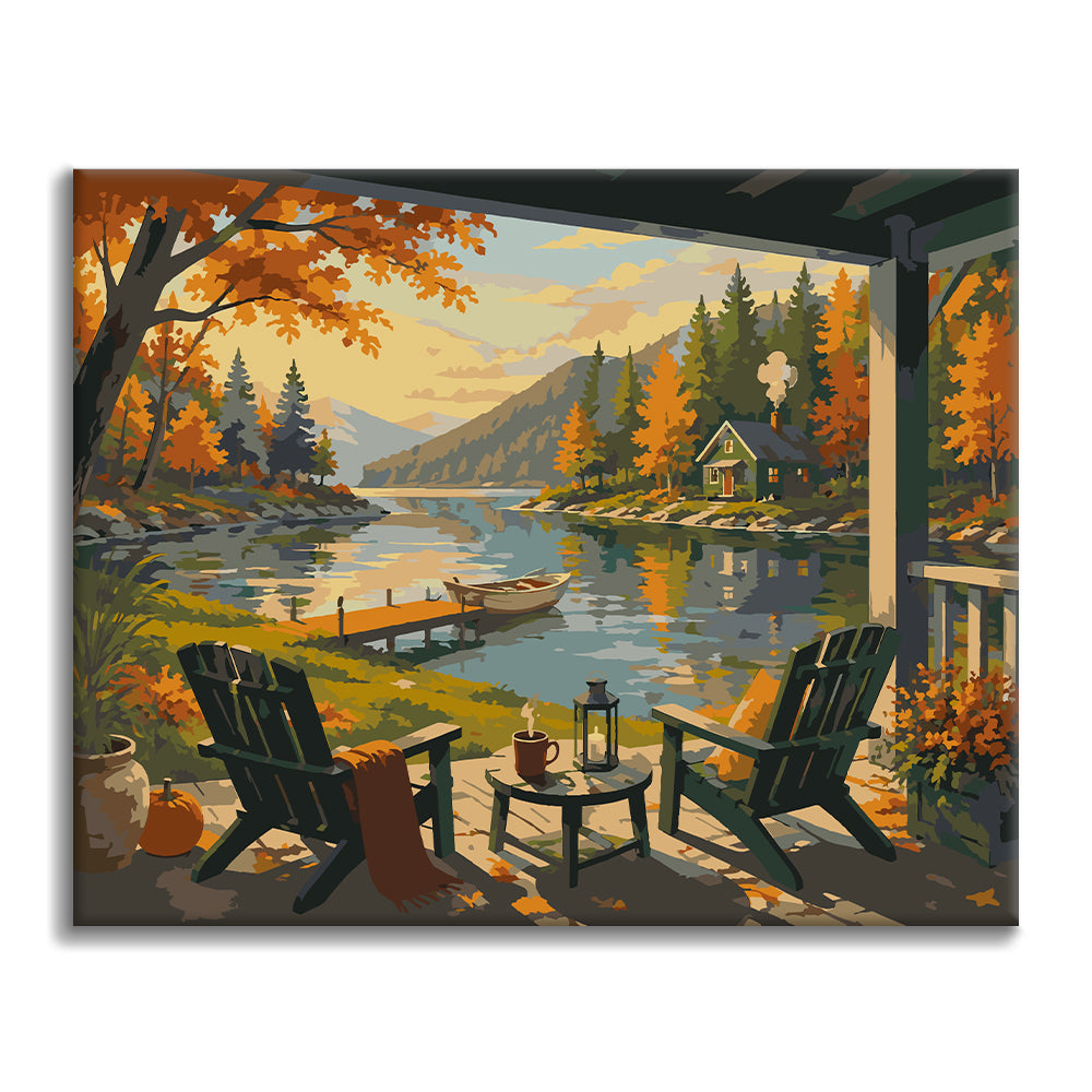 Porche de la cabaña con vistas al lago – Pintura por números