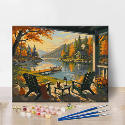 Porche de la cabaña con vistas al lago – Pintura por números