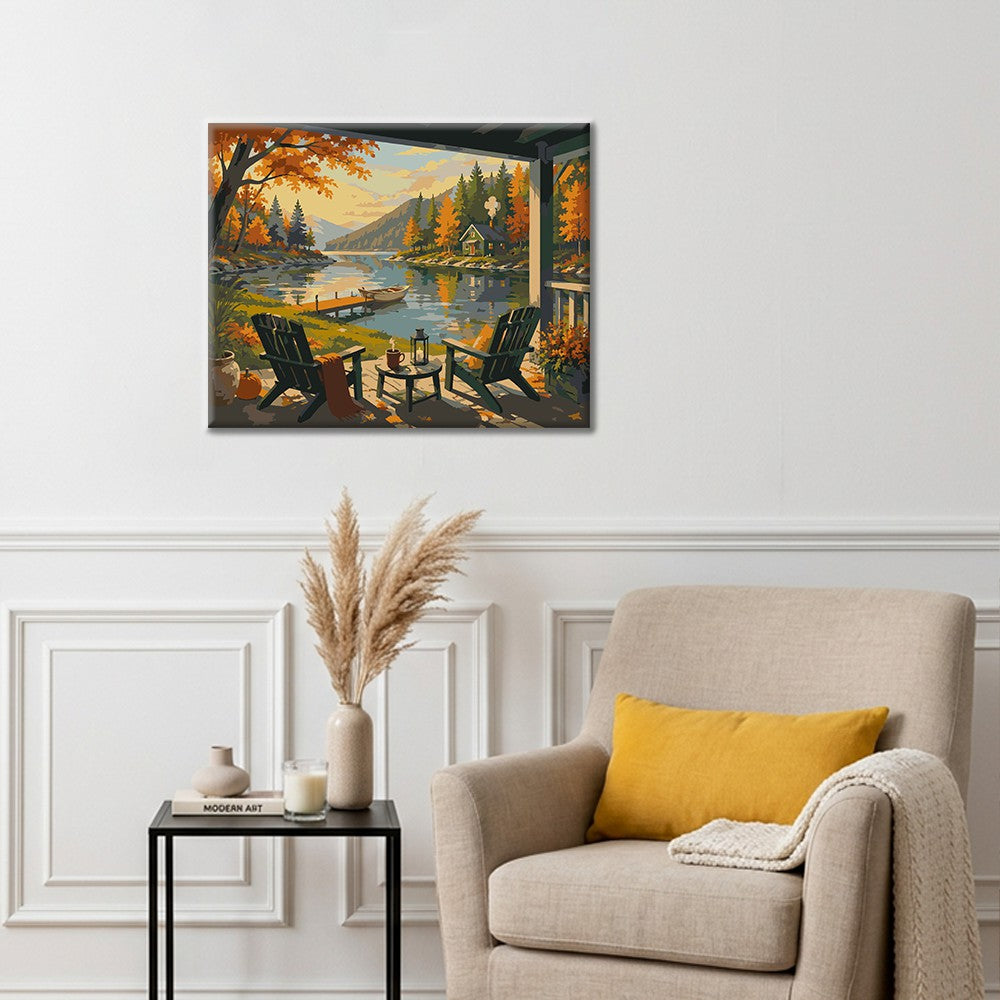 Porche de la cabaña con vistas al lago – Pintura por números