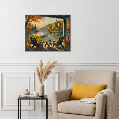 Porche de la cabaña con vistas al lago – Pintura por números