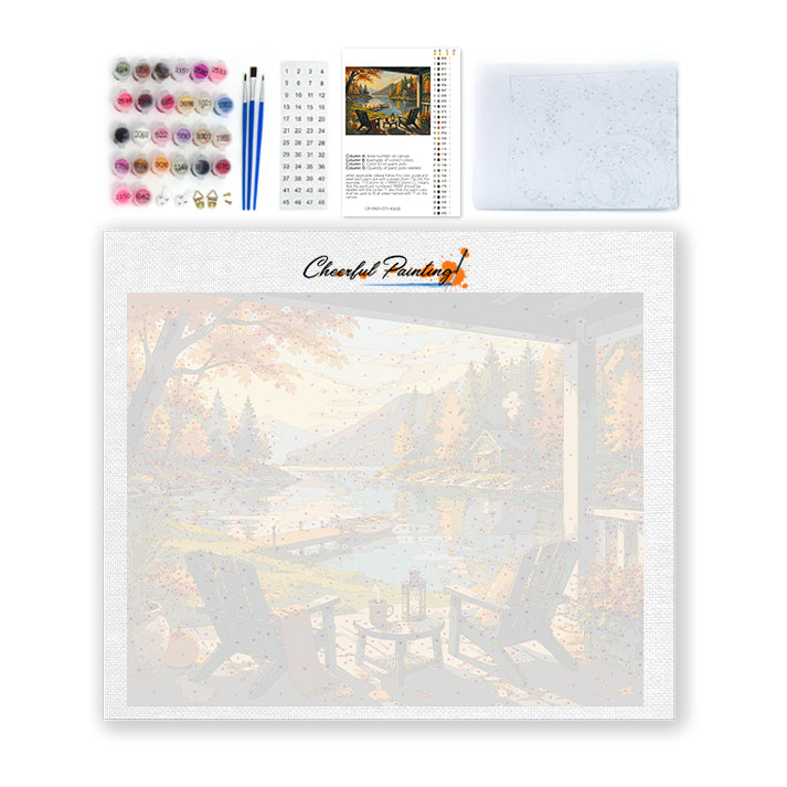Porche de la cabaña con vistas al lago – Pintura por números