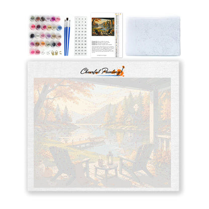 Porche de la cabaña con vistas al lago – Pintura por números