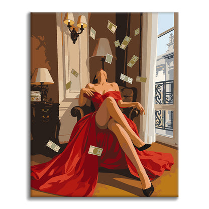 Mujer de rojo con billetes voladores – Pintura por números